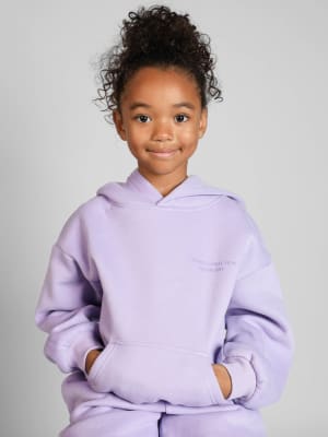 Pastel Kids Hoodie: Navy is 6 wearing a size S