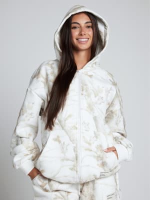 Camo Zip Hoodie: Sara is 5'6" and wears a size M