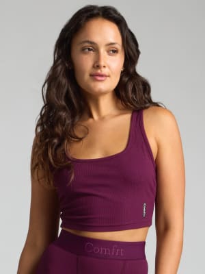 Rib Contour Crop Tank: Emily is 5'6" and wears a size S