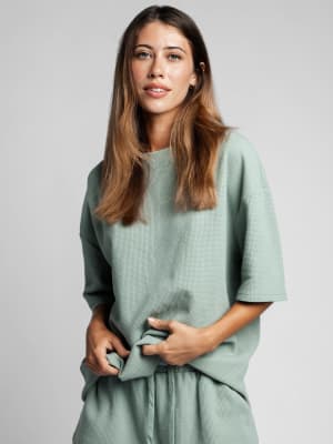 Waffle Lounge Tee: Nikki is 5'8" and wears a size S