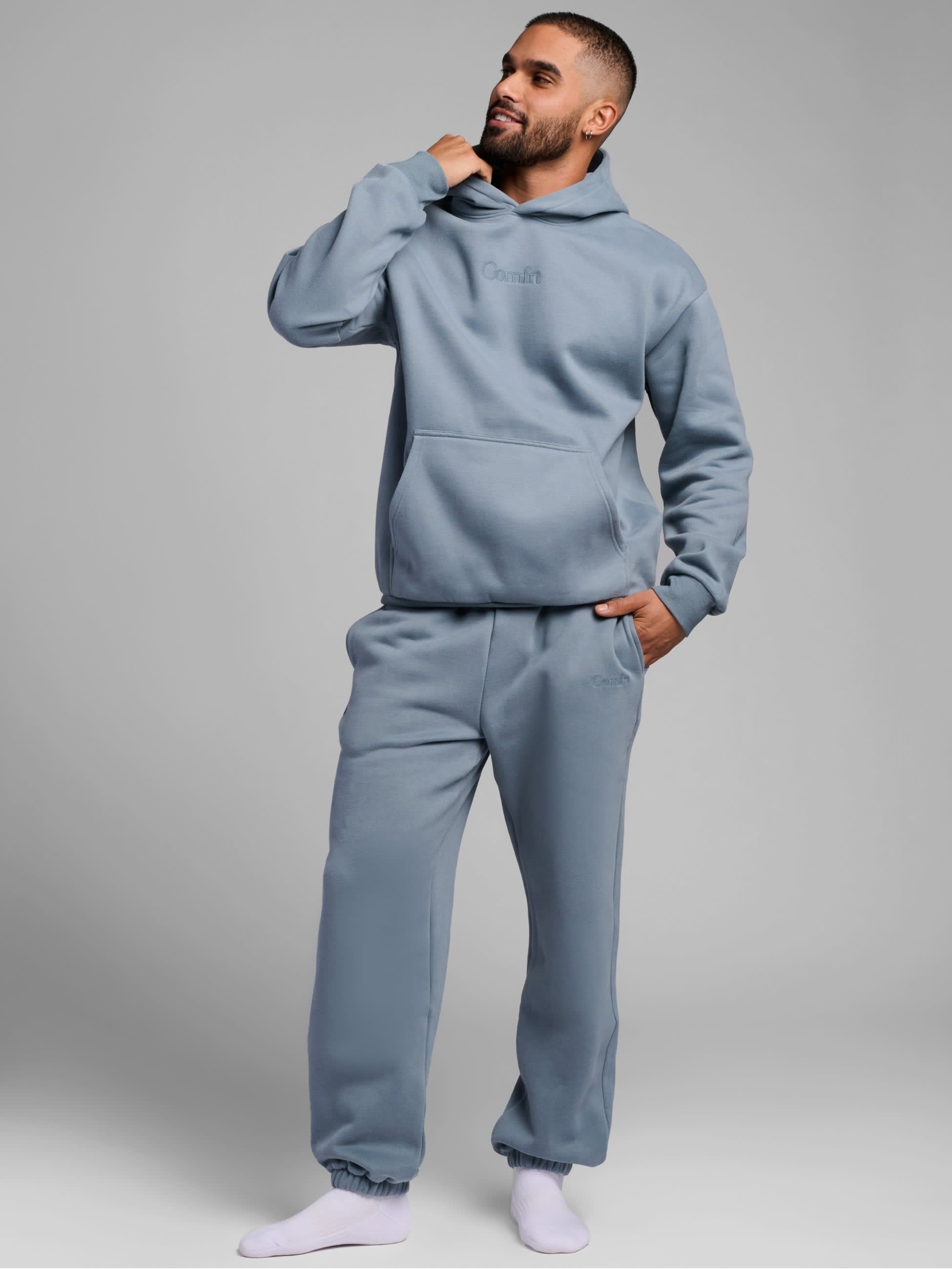 Comfrt blue hoodie and sweatpant set on model