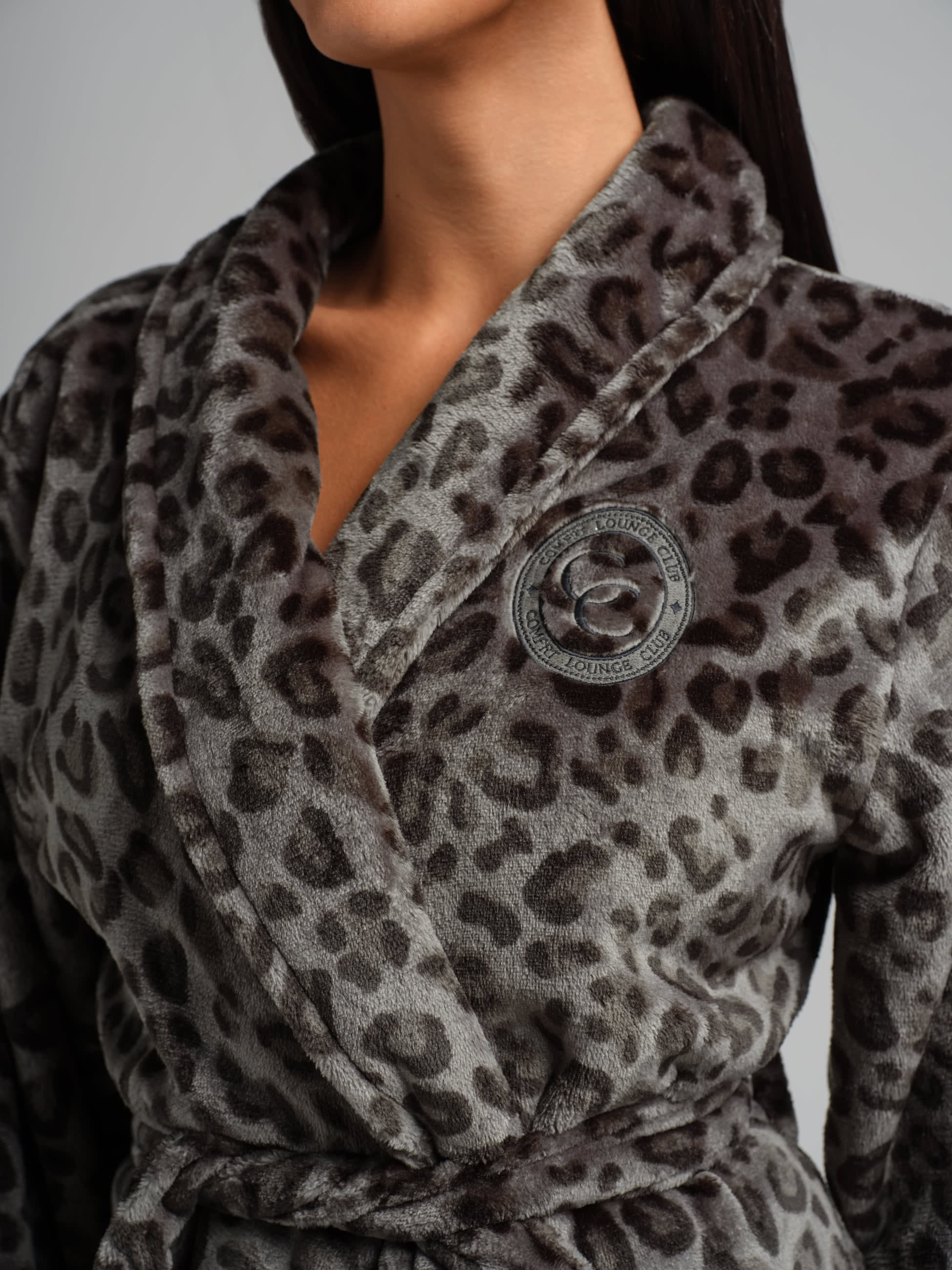 grey leopard print dressing gown Fleece Animal Print Long Dressing Gown
